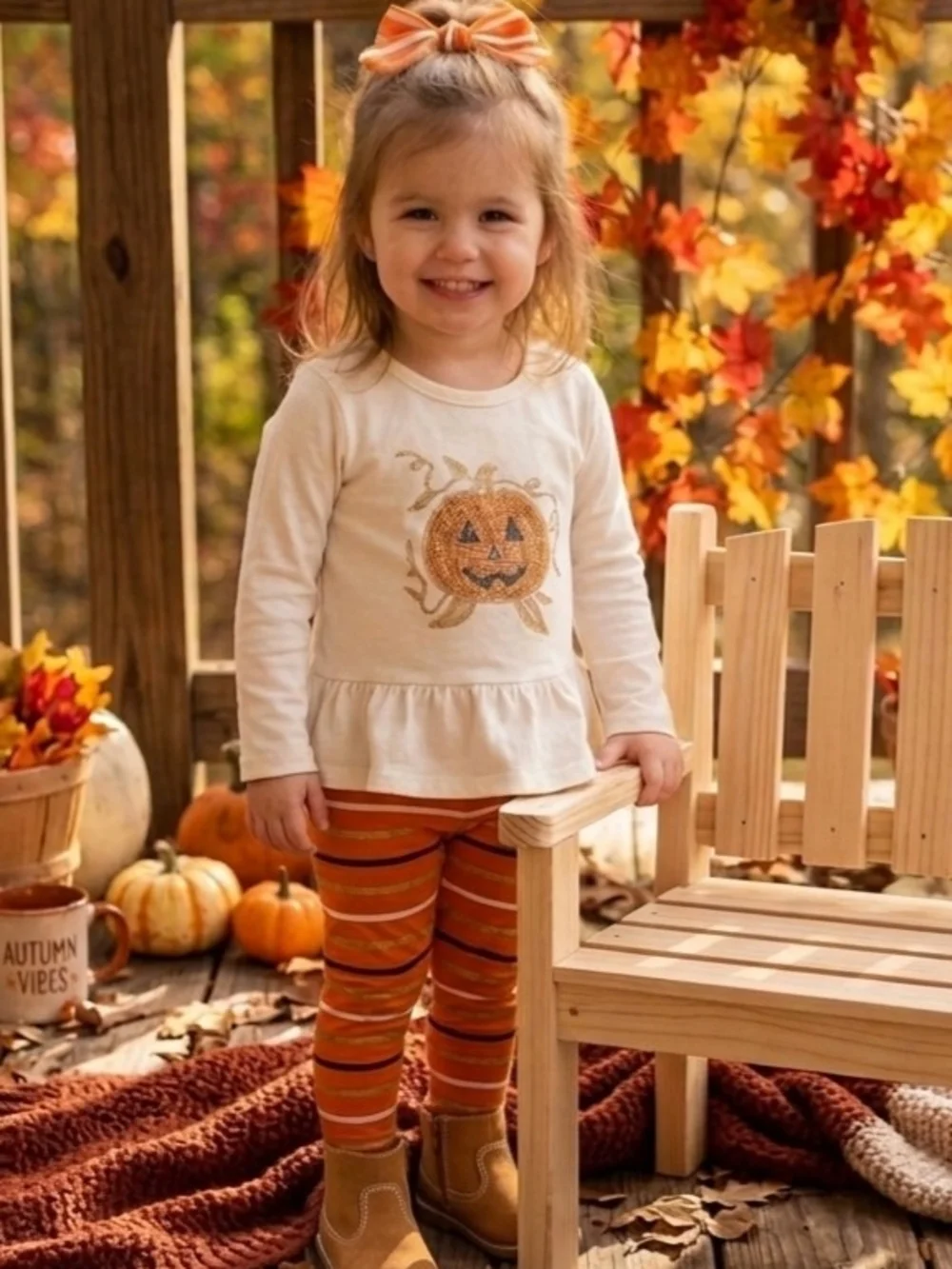 Cream Pumpkin Peplum Top with Orange Striped Leggings